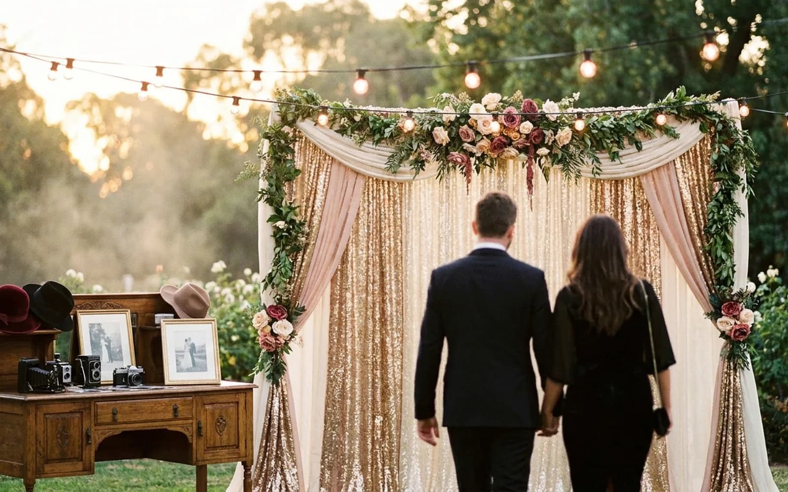 A glamorous wedding photo booth set up at an Adelaide venue at golden hour