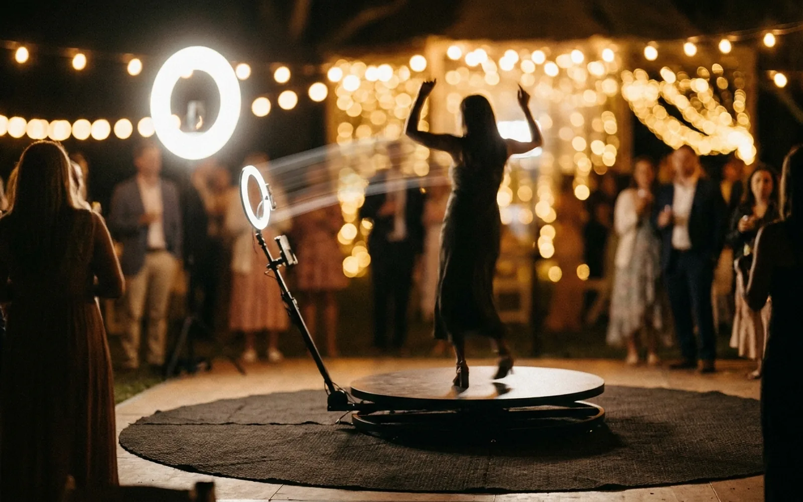 A 360 spinning photo booth at a party at night with light trails