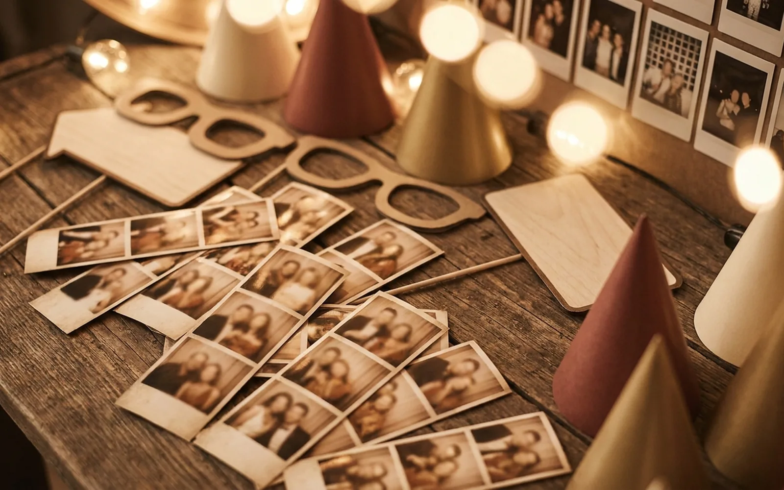 An abundant flat-lay of printed photo strips, props and a polaroid wall