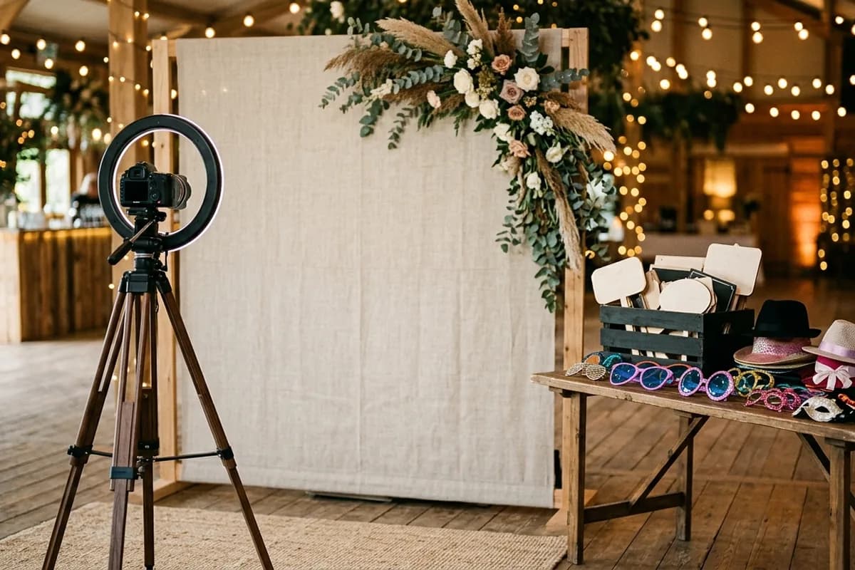 An open-air photo booth with a styled backdrop, ring light and prop table