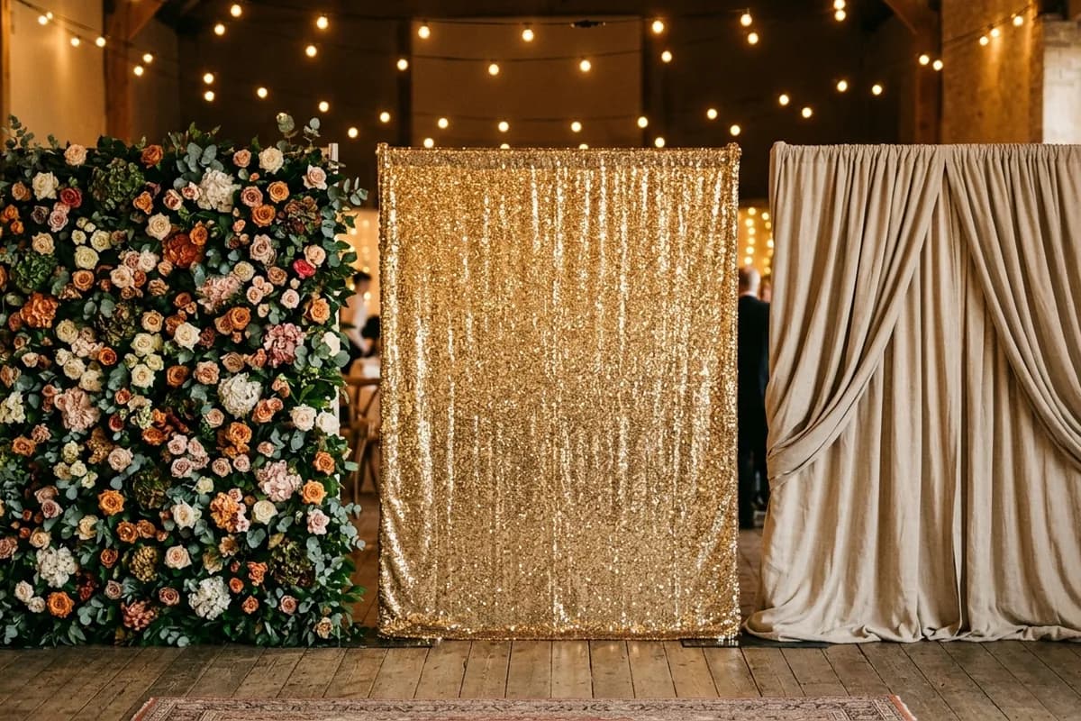 A row of styled photo booth backdrops including a flower wall and sequins