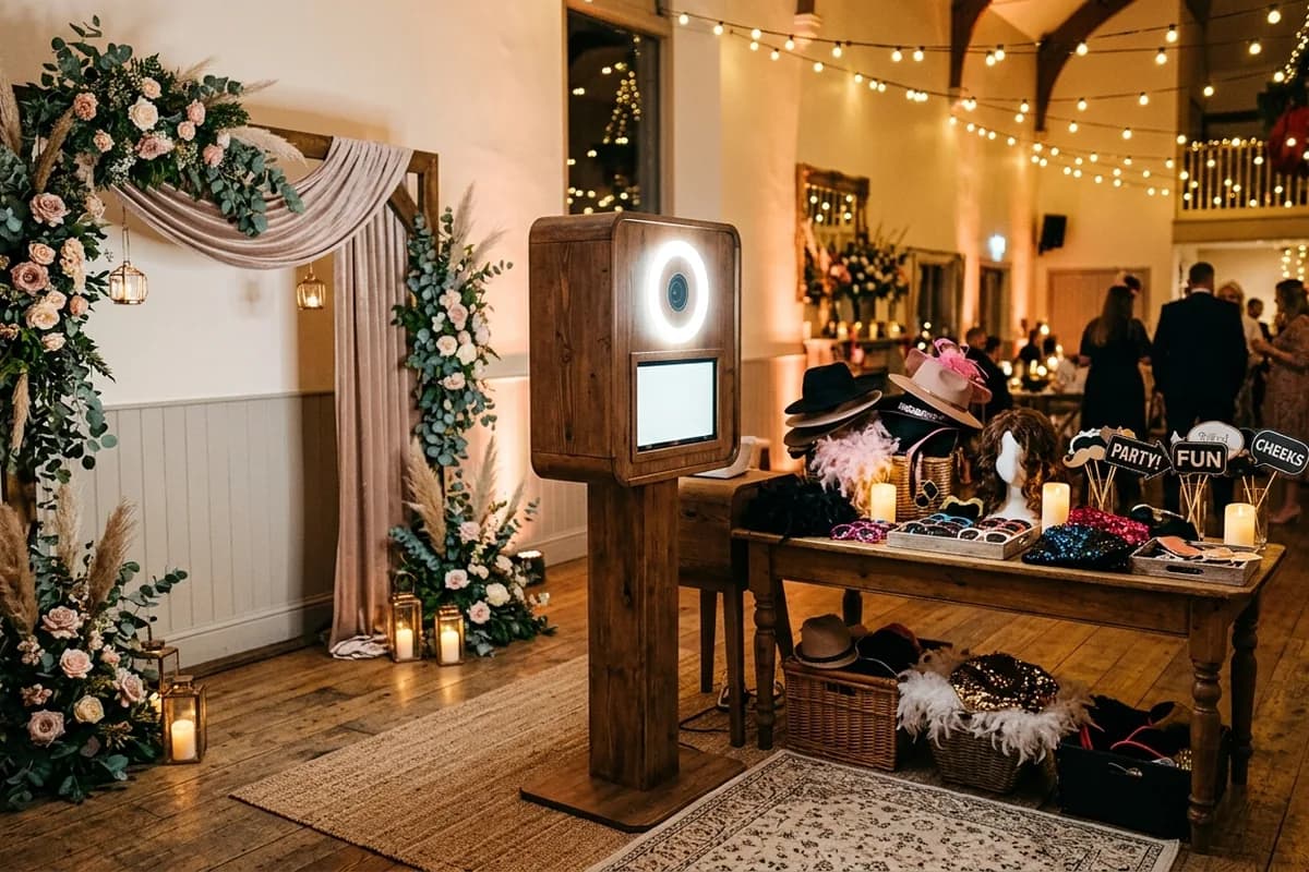 A complete photo booth, backdrop and prop table set up at an Adelaide venue